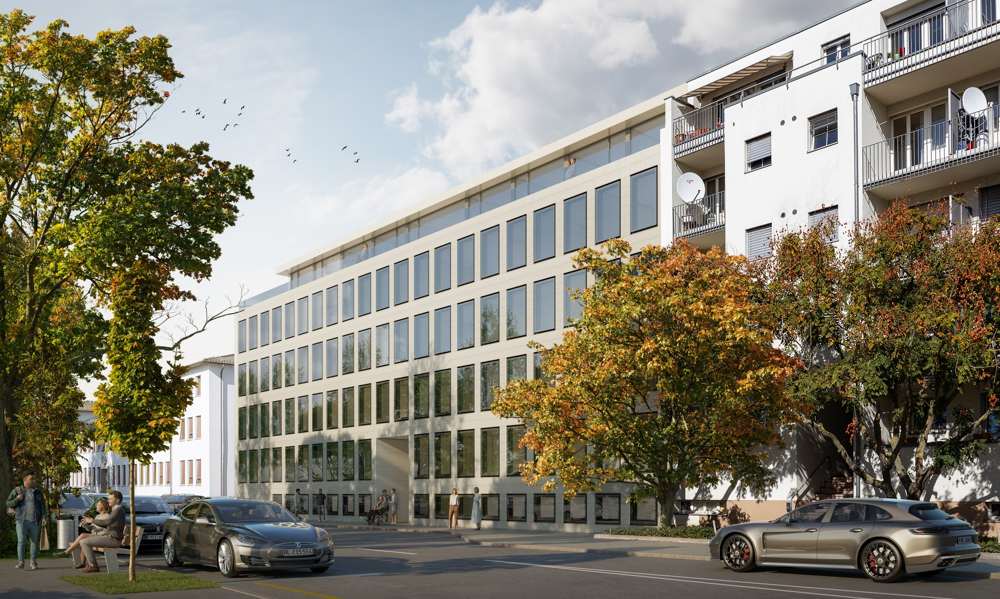 Visualisierung, Ansicht von der Hochbergerstrasse. Der Bestand von 1965 wird bis auf das Tragwerk zurückgebaut; die neue hinterlüftete Fassade aus profilierter, glänzend beige glasierter Keramik nimmt raumhohe Kipp-Hub-Fenster auf, darüber ein verglastes Dachgeschoss.