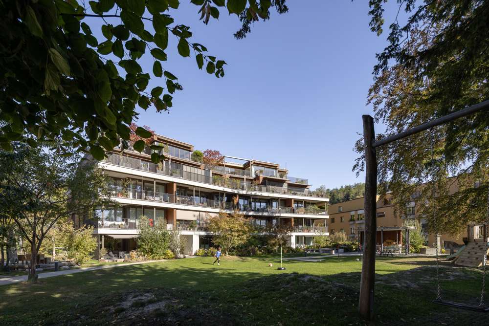 Der Park hinter dem Haus: Spielwiese unter dem erhaltenen Baumbestand, die Balkonzone bepflanzt, die Attikageschosse begrünt.