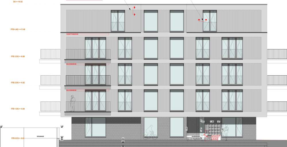 Ausführungsplan Fassade Nordost (Ausschnitt): drei Vollgeschosse und Attika über dem Sockel mit Einstellhalle, Rillen- und Glattputz, mit den Rohbaukoten.