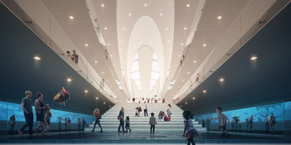 Im Innern: die Halle unter der Haut des Turms, Treppenlandschaft und Galerien, seitlich der Blick unter Wasser.