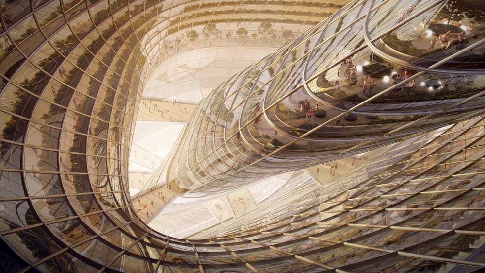 Visualisierung, Innenraum. Der Turm stapelt die Speichertechnologie mit Wohnen, Bildung, Forschung und Technik; Plattformen und Rampen gliedern den Luftraum hinter der verglasten Hülle.