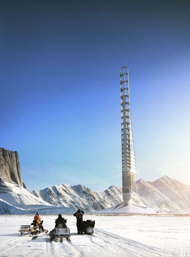 Form follows force: der Turm am Rand des Eises, neunzehn Windturbinen im verjüngten Schaft, die Hülle wie eine Haifischhaut.