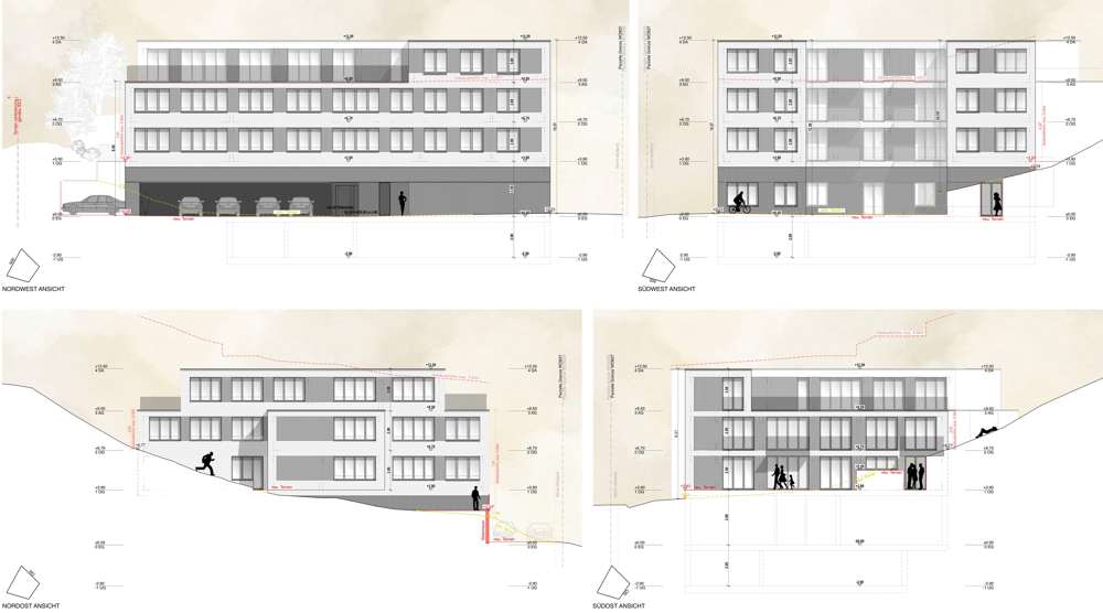 Die vier Ansichten des Bauprojekts vom September 2026: drei Vollgeschosse mit hangseitig bündigem Attikageschoss unter 9.5 m Gebäudehöhe, gewachsenes und gestaltetes Terrain eingetragen, Einstellhalle über die Wendefläche an der Allmendstrasse erschlossen. Brüstungsbänder fassen die polygonale Figur zusammen.