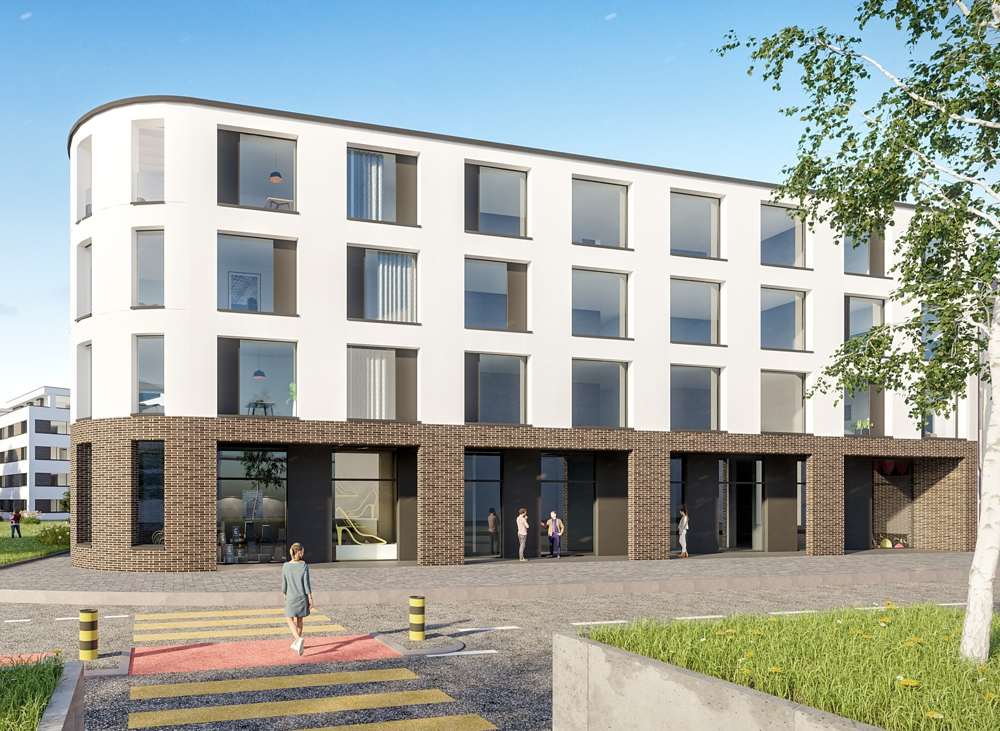 Visualisierung Haus 1 an der Bahnhofstrasse: Sockel aus dunklem Klinker mit knapper Arkade, darüber die verputzten Wohngeschosse mit geschosshohen Fenstern in der streng gerasterten Lochfassade.
