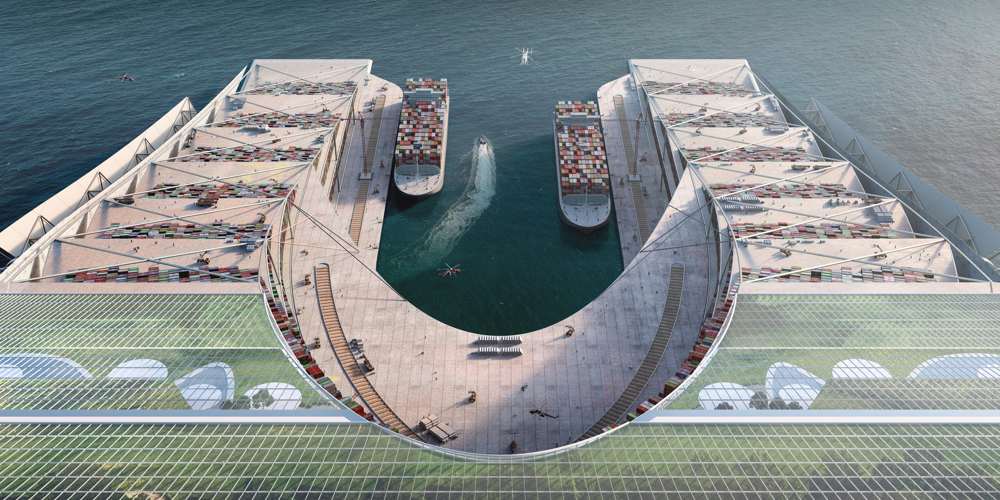 Der Hafen: zwei Schiffe im Becken, die Containerfelder beidseits, dahinter die Gewächshäuser unter Glas – Erzeugung, Speicherung und Versorgung in einem Gebäude.